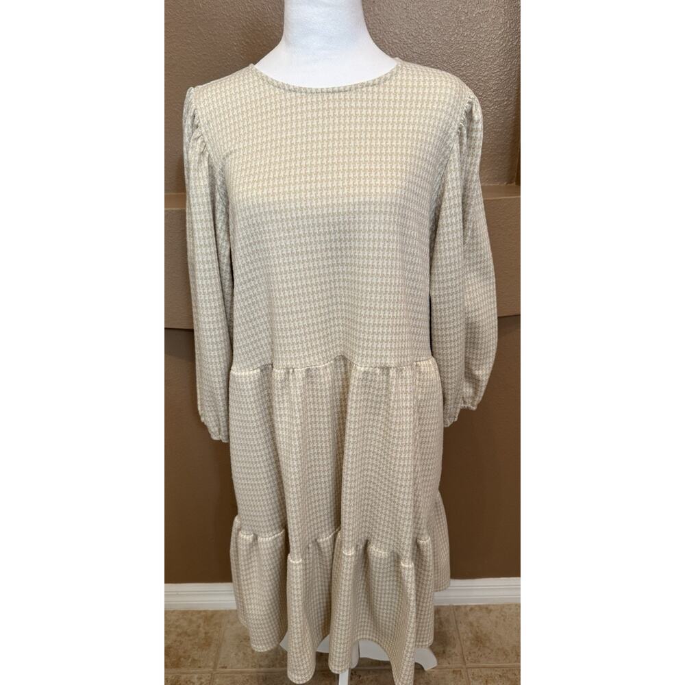 Draper James RSVP Dress Puffed Sleeve Tiered Metallic Gold Beige Houndstooth XL